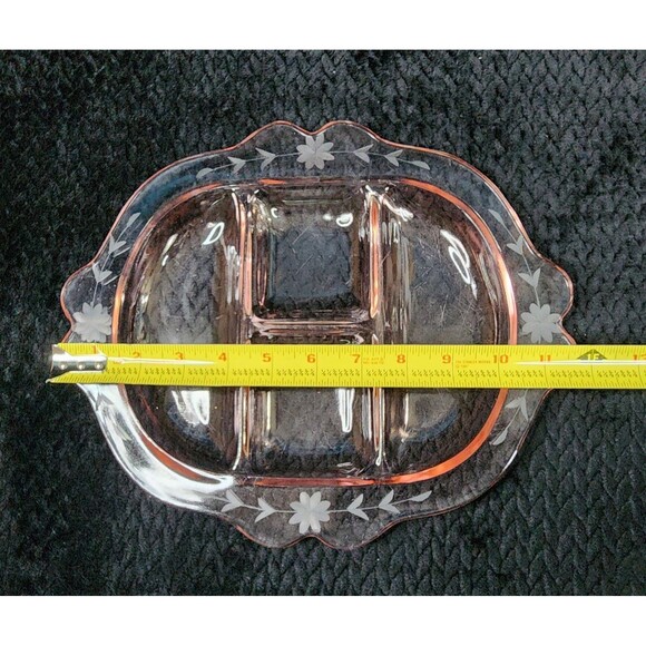 Fostoria Pink Etched Glass 4-Compartment Divided Tray Depression Glass 1920s-50s - Picture 10 of 11